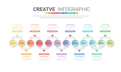 Timeline presentation for 12 months, 1 year, Timeline infographics design vector and Presentation business can be used for Business concept with 12 options, steps or processes. 