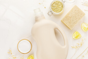 Eco friendly natural cleaners, cleaning products, natural detergent bottles. Various items and ingredients for eco home cleaning with copy space. Mockup for natural detergents and cleaning products