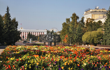 Veterans square and  building of administration of Altai krai in Barnaul. Altai Krai. Western Siberia. Russia