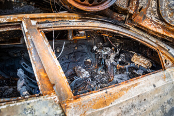 Fototapeta premium IRPIN, Kyiv REGION, UKRAINE 24.04.2022. Car graveyard. Shot cars of civilians. russia's war against Ukraine