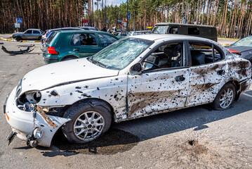 IRPIN, Kyiv REGION, UKRAINE 24.04.2022. Car graveyard. Shot cars of civilians. russia's war against Ukraine