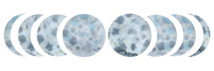 Watercolor hand drawn moon phases isolated on white background