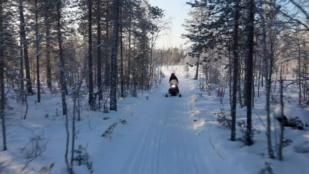 Aerial view of a snowmobile riding across the forest in wintertime, Overtornea, Sweden.
