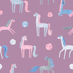Hand drawing watercolor children's pattern with cute unicorn, flowers , diamonds