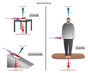 Normal Force Infographic Diagram with example of book on table and on inclined plane man standing on floor mass weight gravitational acceleration inclination angle physics science education vector - obrazy, fototapety, plakaty