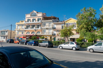 Impressive spring, sunset in Zakynthos city. Dramatic view of the town hall and Saint Dionysios Church, Ionian Sea, Zakynthos island, Greece, Europe. Traveling concept background. Good vibe.