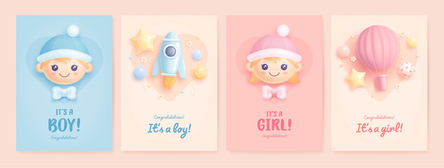 Set of baby shower invitation with cartoon boy, girl, hot air balloon and rocket on blue, pink and beige background. It's a boy. It's a girl. Vector illustration