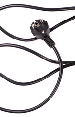Electrical power cable with EU plug. Object is isolated on white background without shadows.