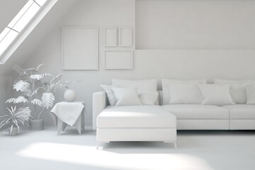 Mock up of minimalist living room in white color with sofa. Scandinavian interior design. 3D illustration