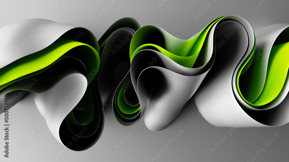 Wall mural 3d render, abstract white green background with folded ribbons macro, fashion wallpaper with wavy la