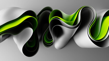 3d render, abstract white green background with folded ribbons macro, fashion wallpaper with wavy layers