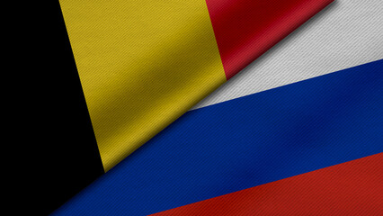 3D Rendering of two flags of Kingdom of Belgium and Russian Federation together with fabric texture, bilateral relations, peace and conflict between countries, great for background