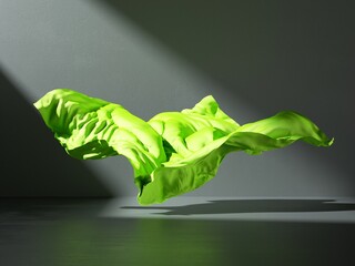 3d render. Abstract fashion background with green cloth textile falling on the floor inside the...