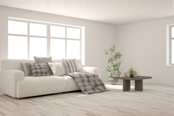 White living room with sofa. Scandinavian interior design. 3D illustration