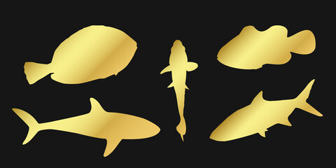 Set golden silhouette clownfish, sardine, goldfish and surgeonfish sign icon on black background. Gold vector clipart illustration