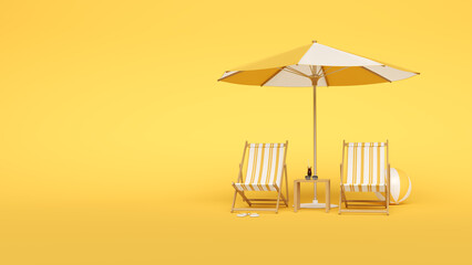 3d summer vacation concept with beach chairs, umbrella, cocktail and sunglasses on yellow sand background. Minimal design scene summer travel and holiday. 3d render. 3d illustration. - obrazy, fototapety, plakaty