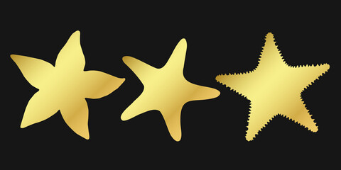 Set golden starfish sign icon on black background. Gold vector clipart illustration