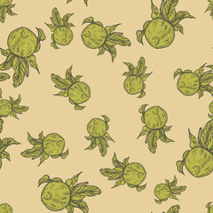 Seamless pattern engraved lemon on twig with leaves. Vintage background citrus fruit on branch in hand drawn style.