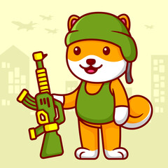 Cute Shiba Inu Soldier Holding Weapon in Cartoon. Animal Vector Illustration. Flat Style Concept.