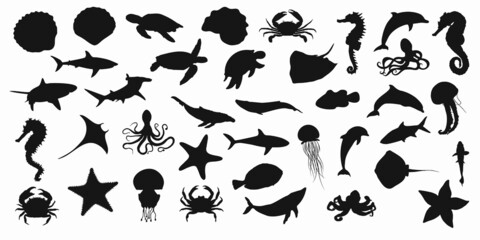 Collection of black set silhouettes of fish, seahorse, shells, octopuses, dolphins, sharks, whales, crabs and stingrays on a white background. Vector clipart - obrazy, fototapety, plakaty