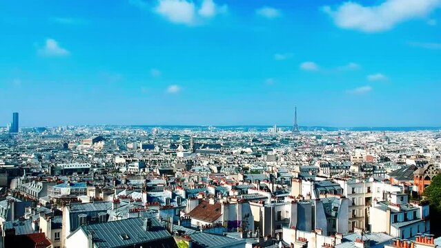 Aerial view of Paris, France, with the Eiffel tower, the Montparnasse tower, the Opera