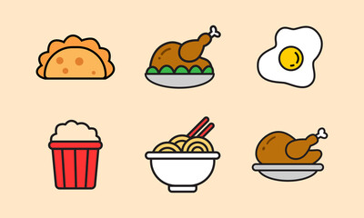 set of food icon illustration design. simple and colorful food concept. traditional food in hand drawn cartoon style