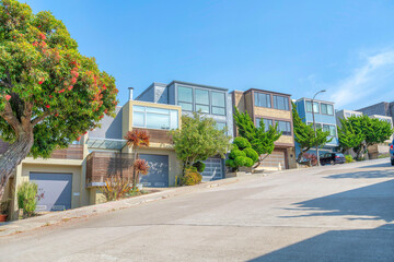 Sloped neighborhood land in San Francisco, California with complex box houses