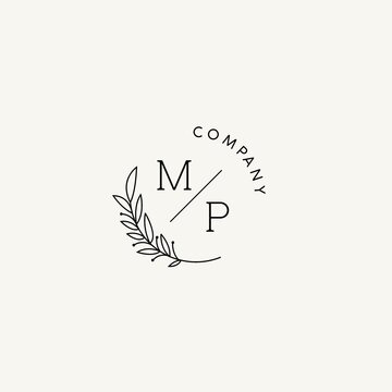 Monogram MP with leaves and circular line, elegant luxury logo idea