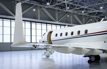 Luxury private jet plane in aviation hangar - obrazy, fototapety, plakaty