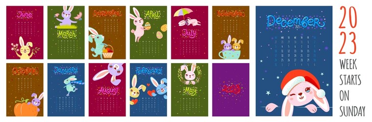 Calendar 2023 with rabbit, planner organizer. Covers and 12 month pages of the rabbit mascot symbol of the year. The week starts on Sunday.