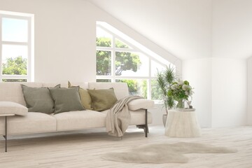 Minimalist living room in white color with sofa and summer landscape in window. Scandinavian interior design. 3D illustration