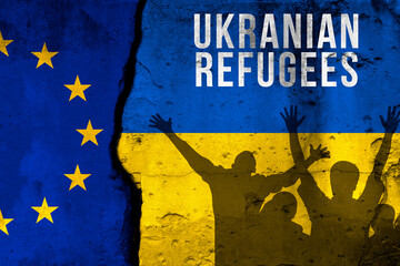 Ukrainian refugees to Europe union. War and military conflict, Russia aggressor. Crisis, migration...