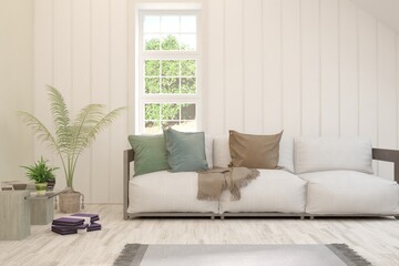 White living room with sofa and summer landscape in window. Scandinavian interior design. 3D illustration