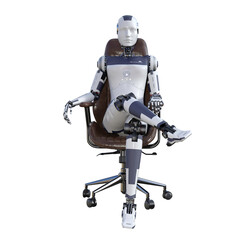 Robot woman sitting on an office chair, isolated on white background. Artificial intelligence concept, future of new office technology. 3d rendering-illustration.