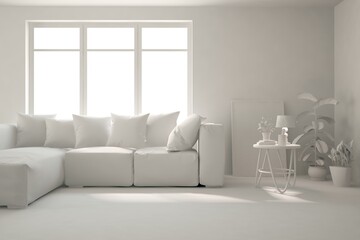 White minimalist living room with sofa. Scandinavian interior design. 3D illustration