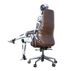Robot woman sitting on an office chair, isolated on white background. Artificial intelligence concept, future of new office technology. 3d rendering-illustration.