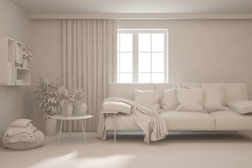 Mock up of minimalist living room in white color with sofa. Scandinavian interior design. 3D illustration