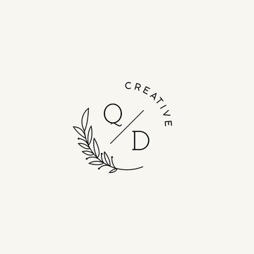 Monogram QD with leaves and circular line, elegant luxury logo idea