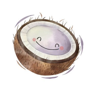 Watercolor Cute Coconut Cartoon Character.