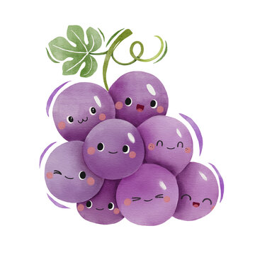 Watercolor Cute Grape Cartoon Character.