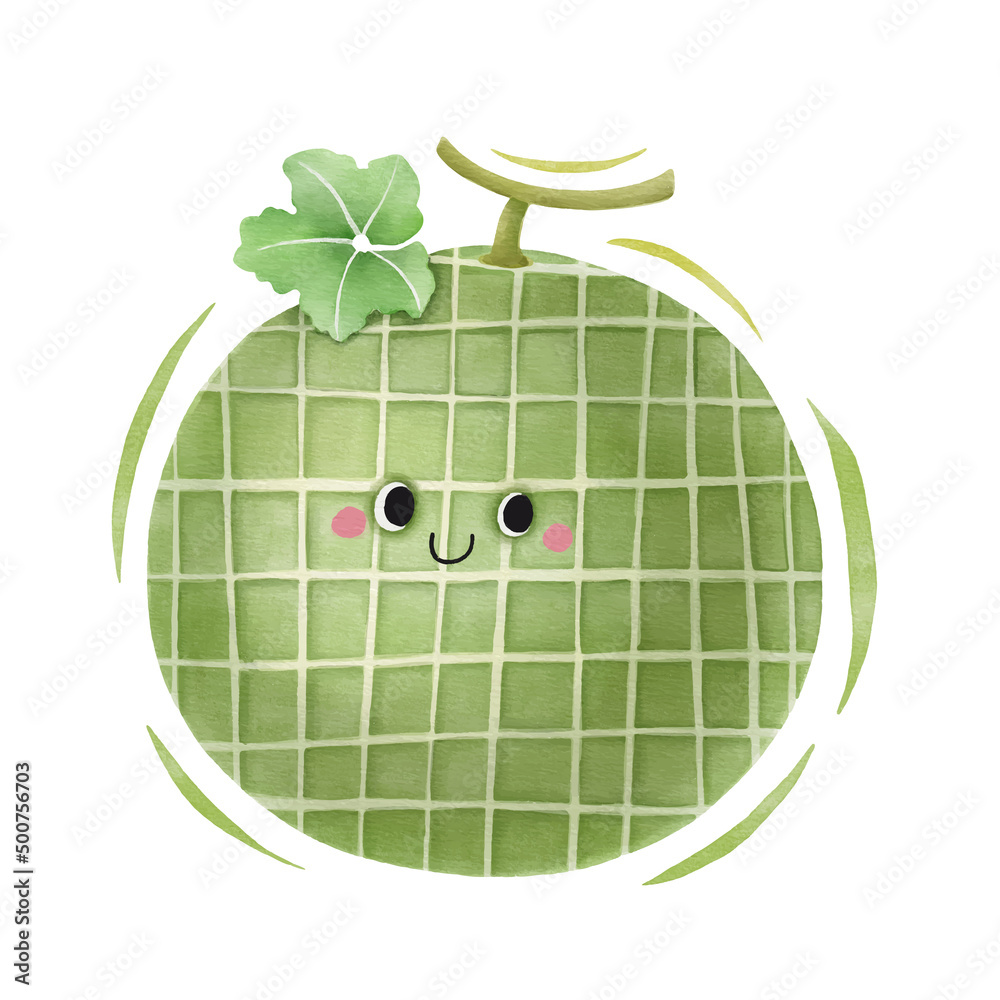 Wall mural watercolor cute melon cartoon character.