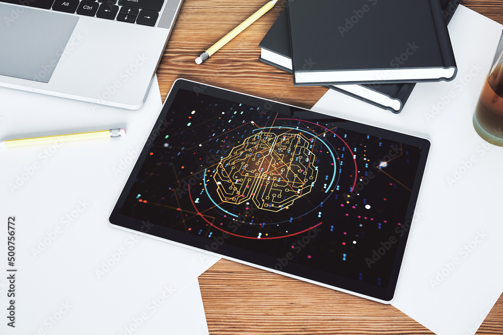Aufkleber Creative artificial Intelligence concept with human brain sketch on modern digital tablet display. Top view. 3D Rendering