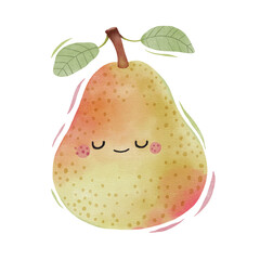 Watercolor cute pear cartoon character.