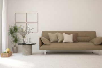White living room with sofa. Scandinavian interior design. 3D illustration