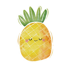 Watercolor cute pineapple cartoon character.