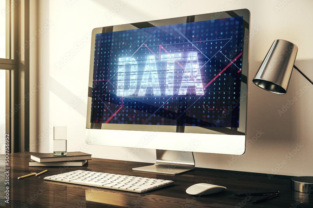 Leinwandbilder Creative Data word hologram on modern laptop monitor, big data and blockchain concept. 3D Rendering