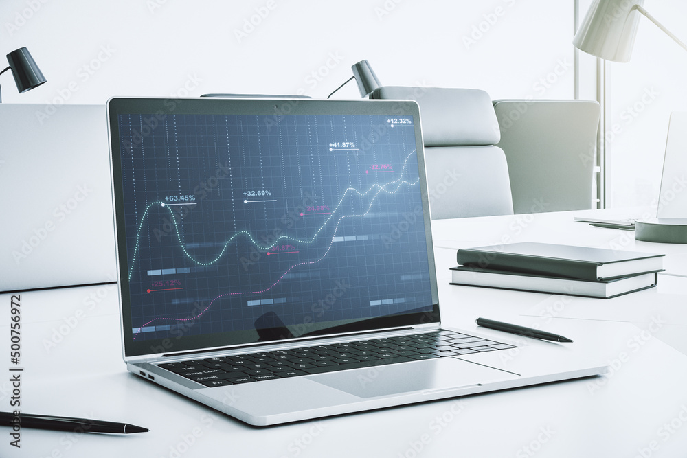 Poster computer monitor with abstract creative analytics data spreadsheet, analytics and analysis concept. 