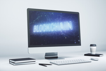 Modern computer monitor with blockchain technology hologram. Research and development decentralization software concept. 3D Rendering