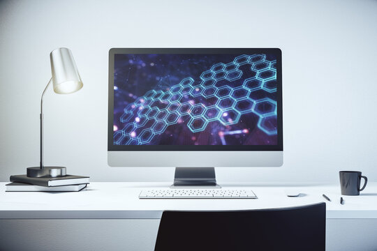 Modern computer monitor with technology hologram with hexagon. Research and development software concept. 3D Rendering