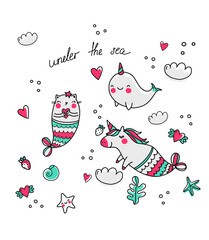 Cute unicorn and cat collection with magic items, clouds, stars, hearts. Hand drawn line style.
